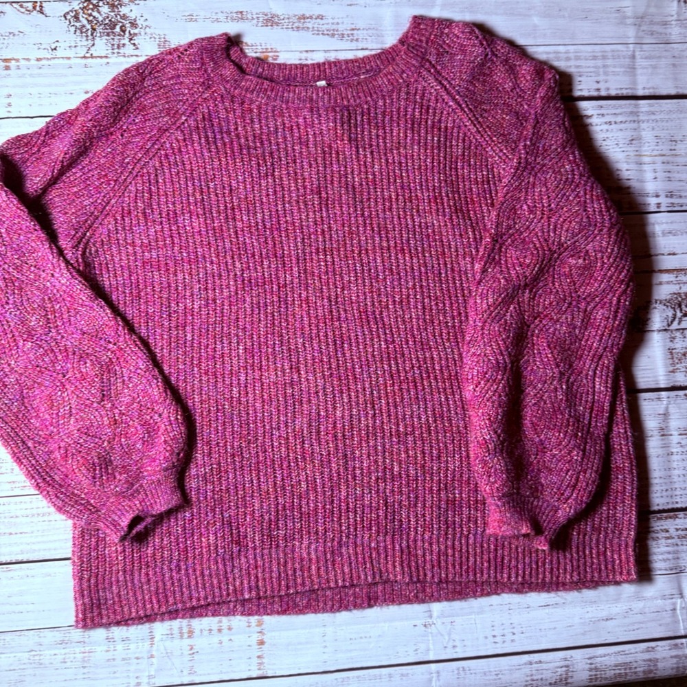 Leo & Nicole Womens 2X Pink Marled Sweater Cable Knit Balloon Sleeve Cotton